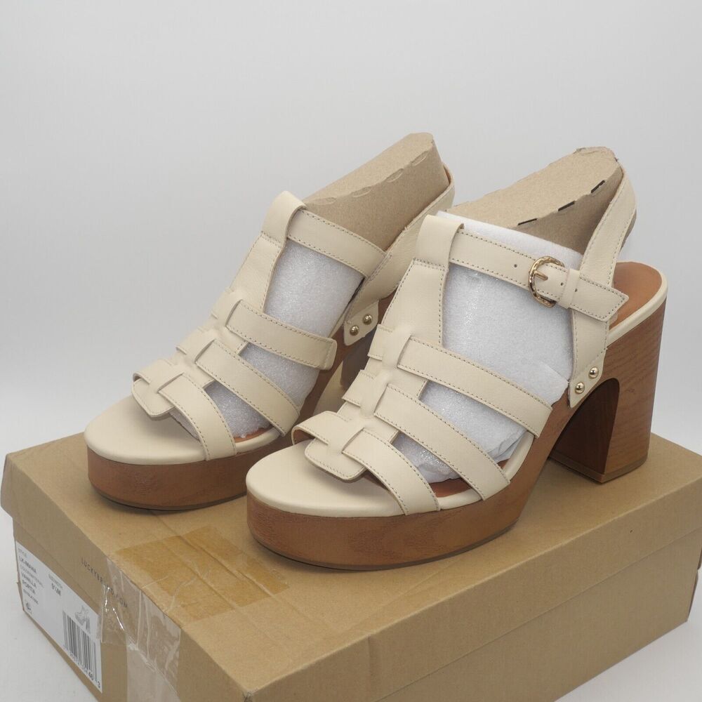 NEW Lucky Brand Women's 9.5 Imana Leather Ankle Strap Sandals Heels Vanilla